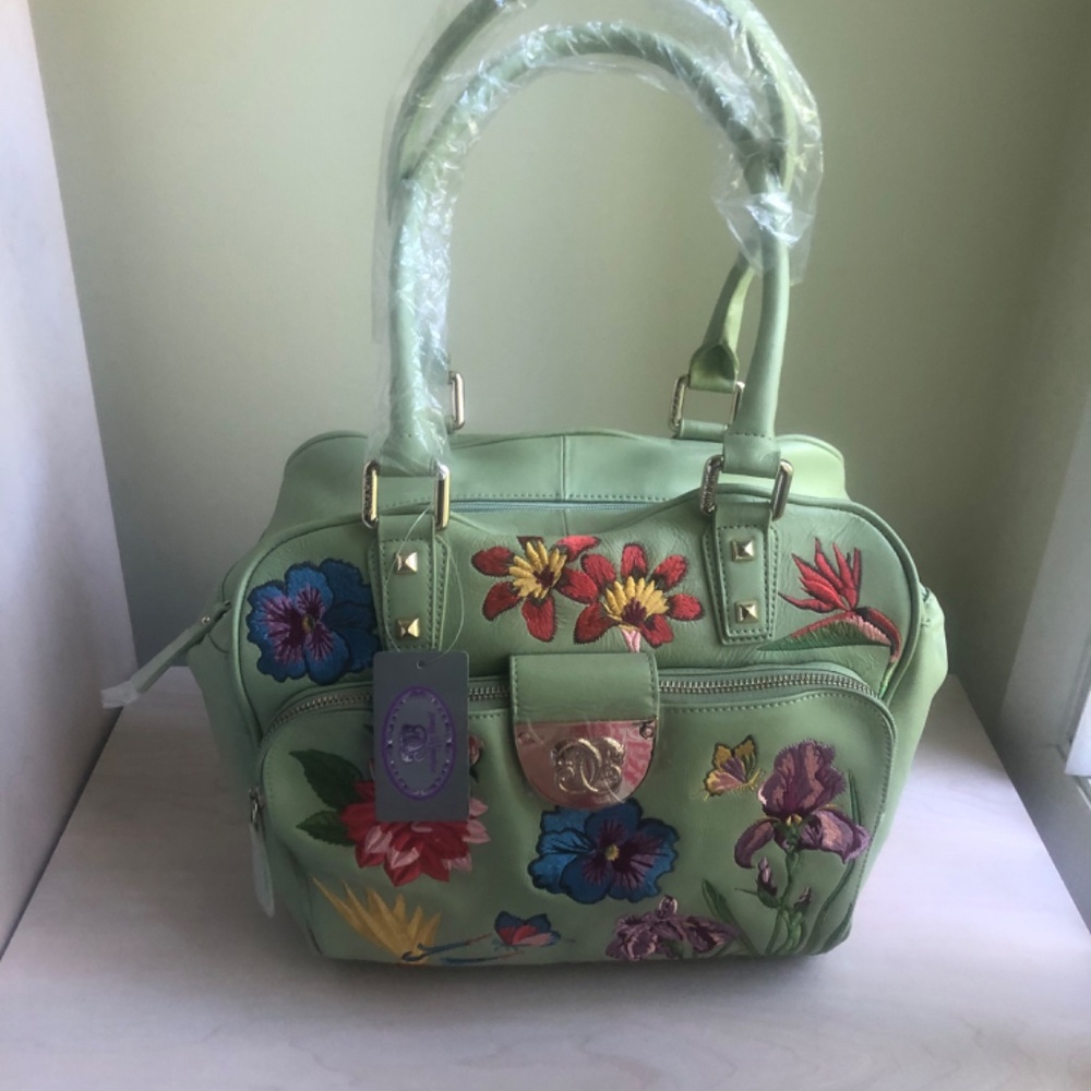 Sale! New Sharif Celadon Green Genuine Leather Embroidered Floral Bag - Picture 3 of 13